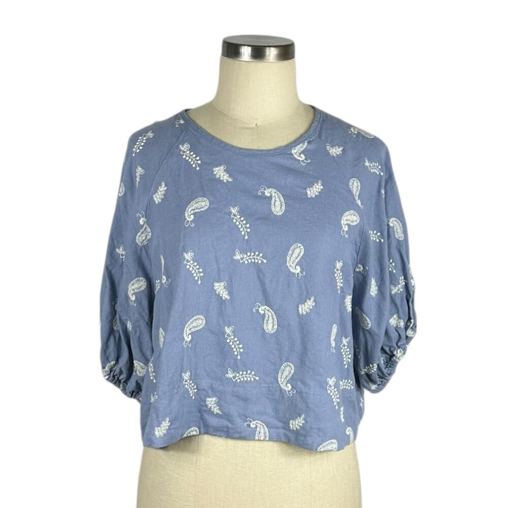 HOUSE OF HARLOW 1960 Blue Linen Blend Puff Sleeve Cropped Blouse Women's Size‎ L
